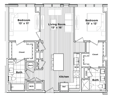 Floor plan for 2 beds, 2 baths, 1082 sqft